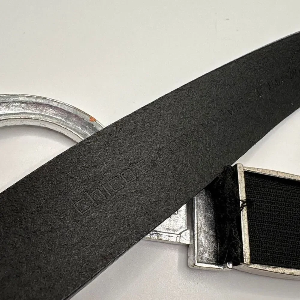 CHICOS Women's Belt BLACK LEATHER Adjustable Silver Metal Buckle belt  L/XL